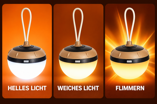 LED Camping Leuchte mit Halterung – 3 Modi, 6 LEDs, SOS-Signal & Weiches Licht