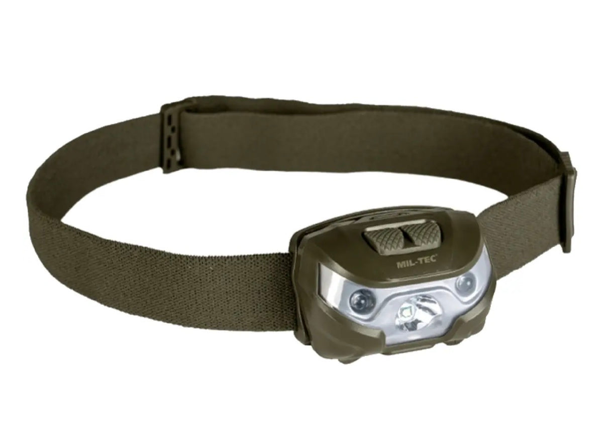 Mil-Tec Kopflampe Cree XPE oliv – Stirnlampe mit Weiß- & Rotlicht