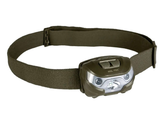 Mil-Tec Kopflampe Cree XPE oliv – Stirnlampe mit Weiß- & Rotlicht