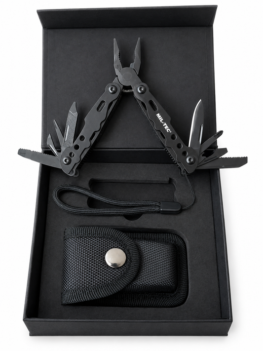 MIL-TEC® Multifunktions-Multitool Geschenkset – Multitool mit Nylonholster, Umhängeband & edler Geschenkbox