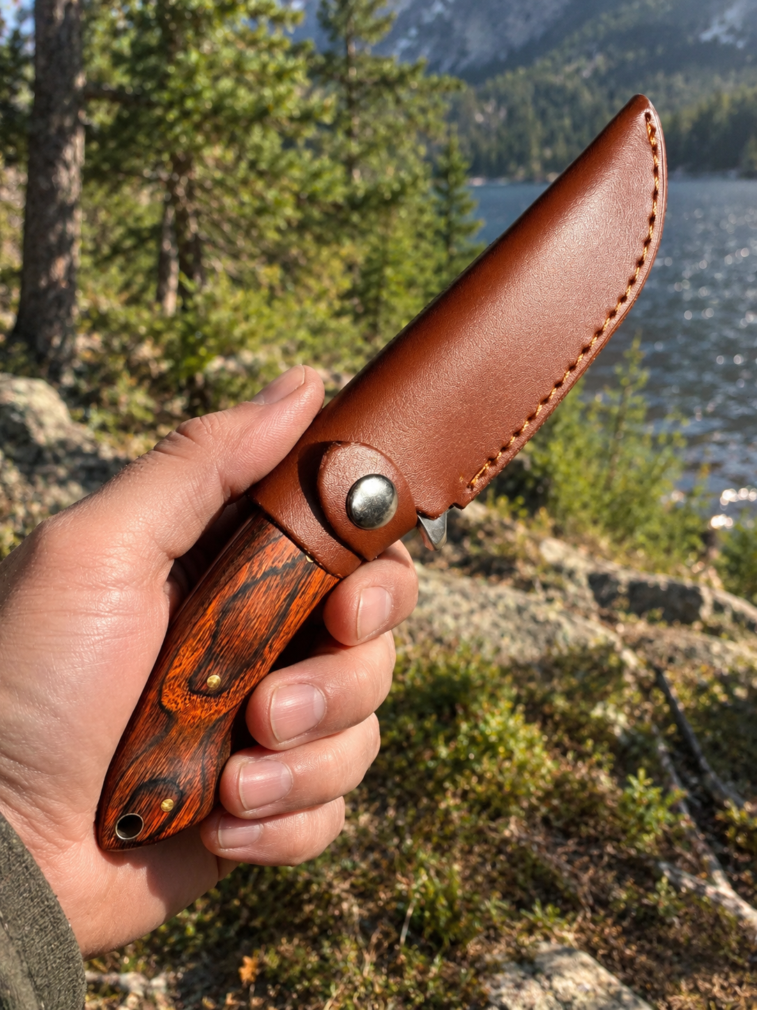 Angel- & Jagdmesser 23 cm aus Edelstahl mit Pakkaholzgriff & Lederscheide