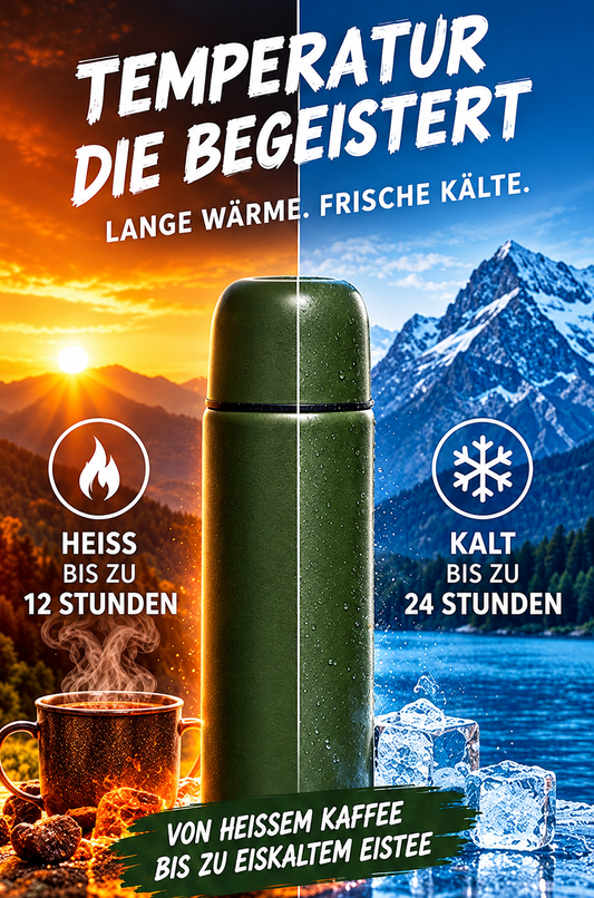 Vakuum-Thermosflasche Edelstahl 0,5 L & 1,0 L – Oliv | Thermoskanne für heiße & kalte Getränke